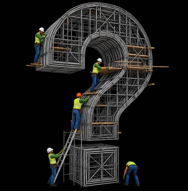 Steel scaffold question mark with construction workers