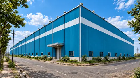 Blue warehouse on an industrial estate